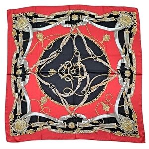 💖 Square Satin Red black Gold chain print floral hair head neck bandana scarf